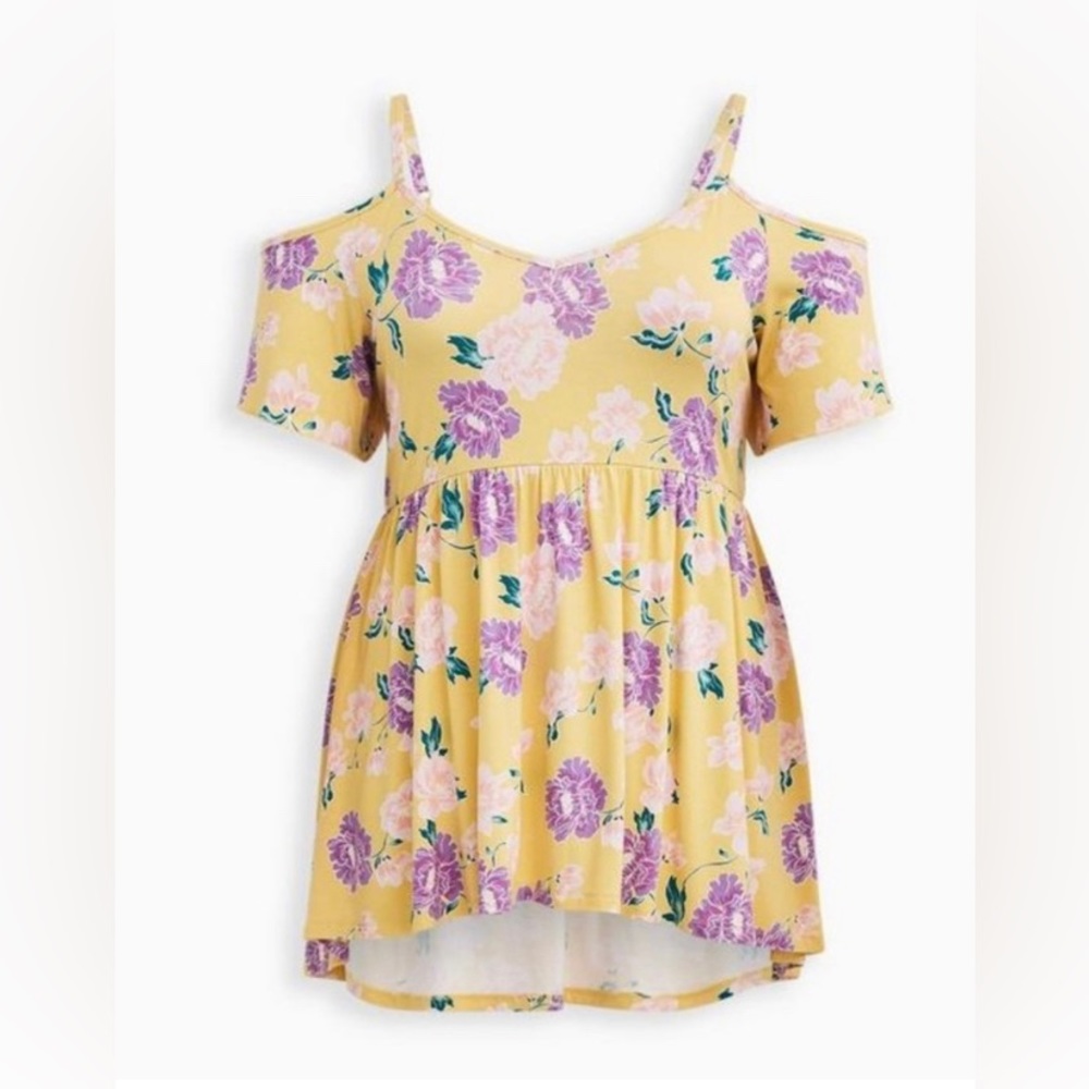 Torrid Super Soft Yellow Purple Floral Cold Shoulder Top